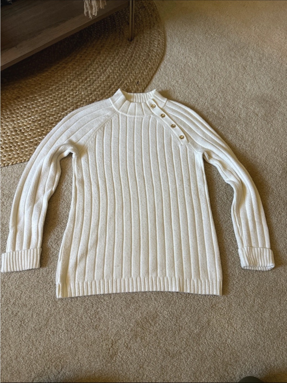 Talbots Cream Ribbed Mock-Neck Sweater with Shoulder Buttons
